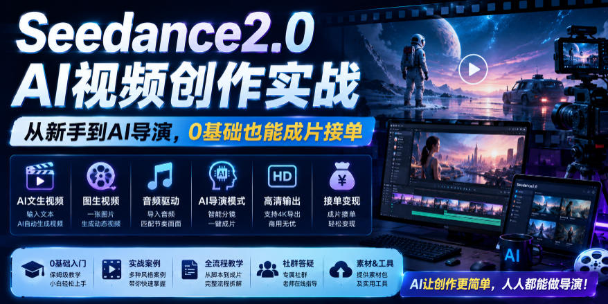 Seedance2.0 AI视频创作实战，从新手到AI导演，0基础也能成片接单变现-蜗牛学社