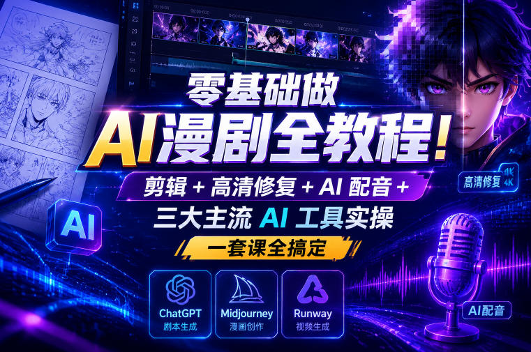 零基础做AI漫剧全教程!剪辑+高清修复+AI配音+三大主流AI工具实操,一套课全搞定-蜗牛学社