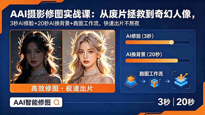 AI摄影修图实战课：从废片拯救 到 奇幻人像，3秒AI修脸+20秒AI换背景+跑图工作流，快速出片不熬夜-蜗牛学社