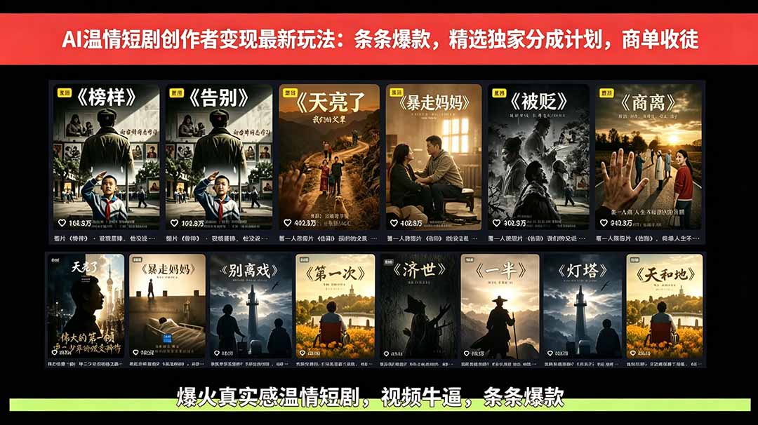 AI温情短剧创作者变现最新玩法：视频牛逼，条条爆款，精选独家分成计划，商单收徒-蜗牛学社