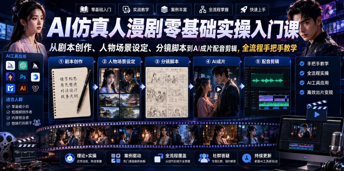 AI仿真人漫剧零基础实操入门课,从剧本创作、人物场景设定、分镜脚本到AI成片配音剪辑,全流程手把手教学-蜗牛学社