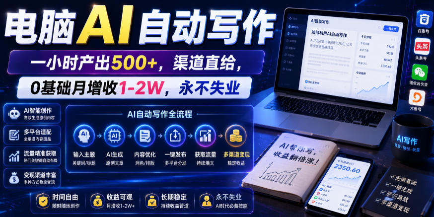 电脑AI自动写作,一小时产出500+,渠道直给,0基础月增收1-2W,永不失业【揭秘】-蜗牛学社