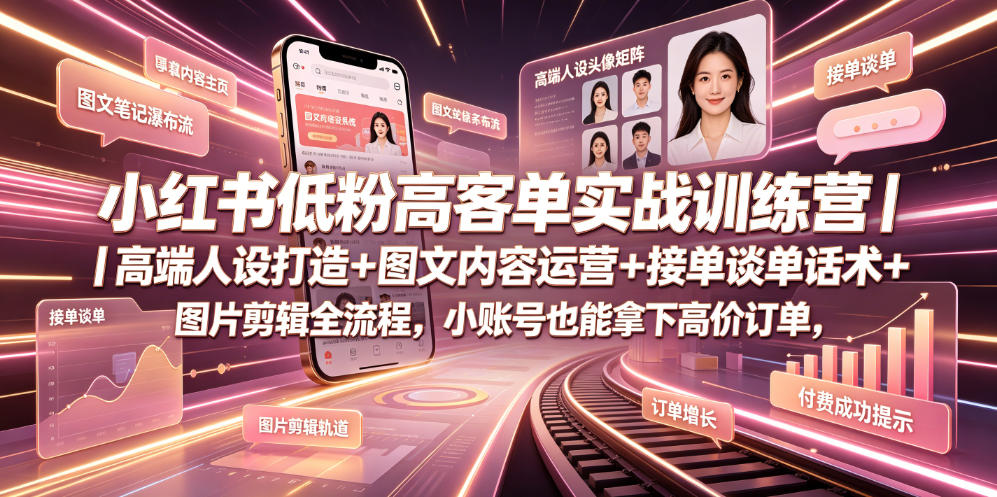 小红书低粉高客单实战训练营｜高端人设打造+图文内容运营+接单谈单话术+图片剪辑全流程，小账号也能拿下高价订单-蜗牛学社