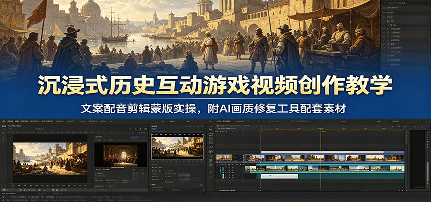 沉浸式历史互动游戏视频创作教学:文案配音剪辑蒙版实操,附AI画质修复工具配套素材-蜗牛学社