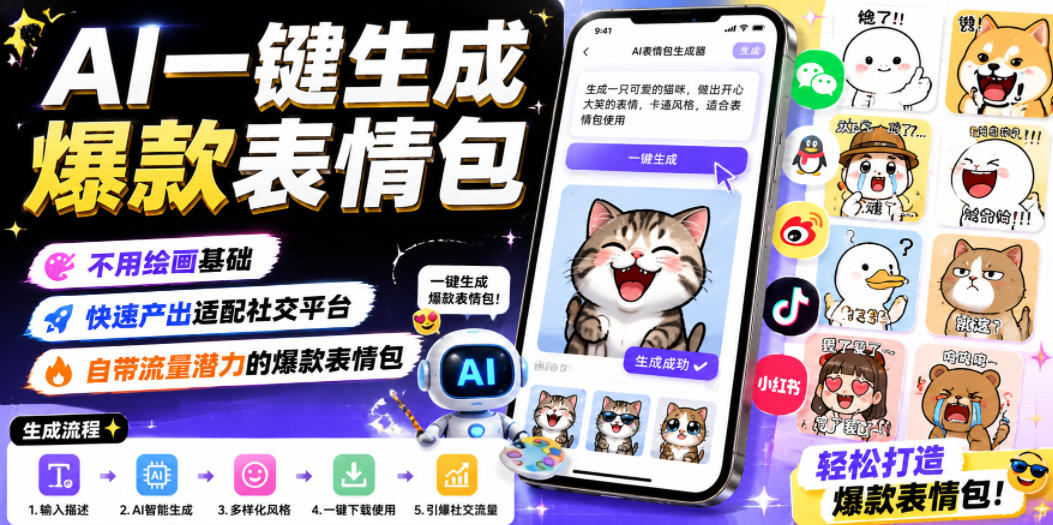 AI一键生成爆款表情包，不用绘画基础，快速产出适配社交平台，自带流量潜力的爆款表情包-蜗牛学社