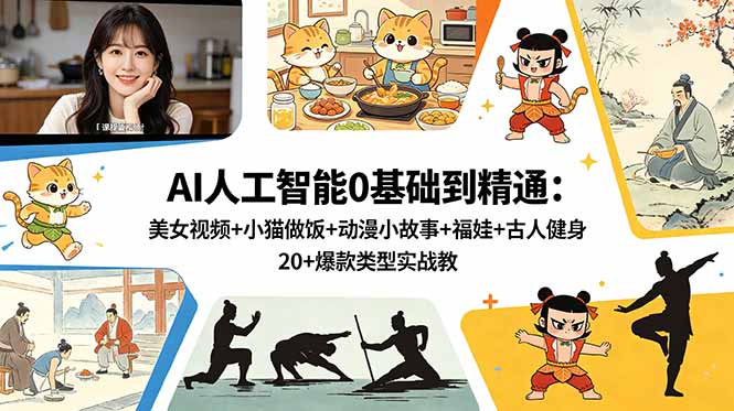 AI人工智能0基础到精通:美女视频+小猫做饭+动漫小故事+福娃+古人健身,20+爆款类型实战教学-蜗牛学社