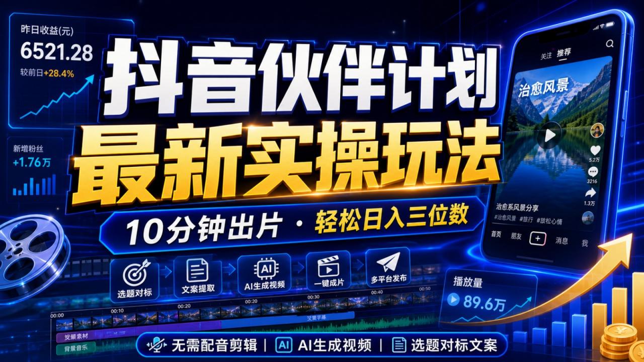 抖音伙伴计划最新暴利玩法,不用找素材和剪辑,10分钟出一条原创视频,轻松日入三位数-蜗牛学社