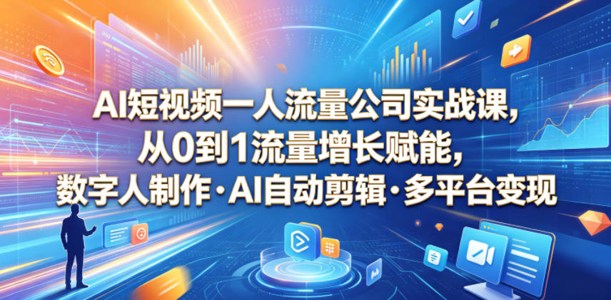 AI短视频一人流量公司实战课,从0到1流量增长赋能,数字人制作・AI自动剪辑・多平台变现,一人做流量生意全落地教程-蜗牛学社