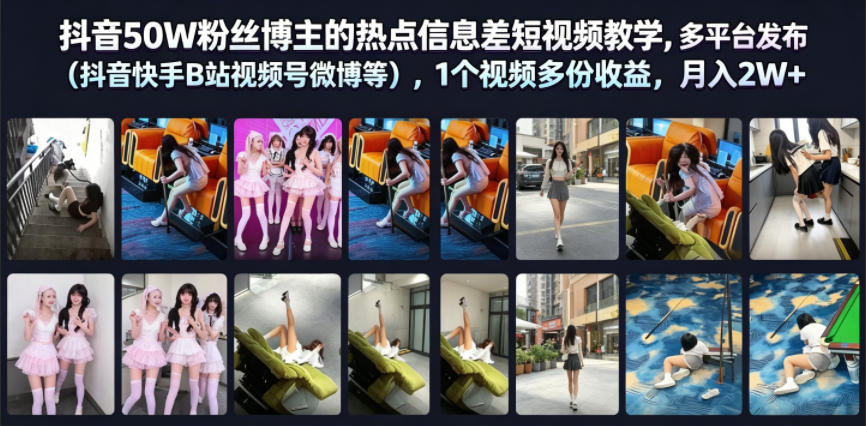 抖音50W粉丝博主的热点信息差教学,多平台发布(抖音快手B站视频号微博等),1个视频多份收益,月入2W+-蜗牛学社