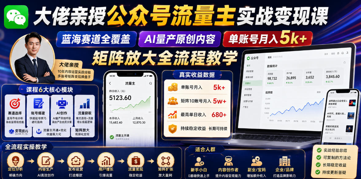大佬亲授公众号流量主实战变现课，蓝海赛道全覆盖，AI量产原创内容，单账号月入5k+矩阵放大全流程教学-蜗牛学社