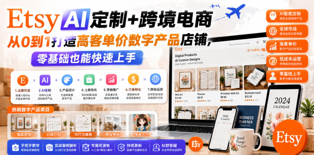 Etsy AI定制+跨境电商，从0到1打造高客单价数字产品店铺，零基础也能快速上手-蜗牛学社