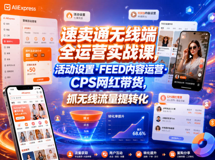 速卖通无线端全运营实战课,活动设置・FEED内容运营・CPS网红带货,抓无线流量提转化-蜗牛学社