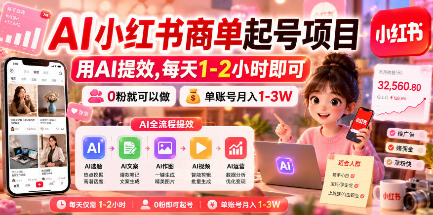 AI小红书商单起号项目,用AI提效,每天1-2小时即可,0粉就可以做,单账号月入1-3W-蜗牛学社
