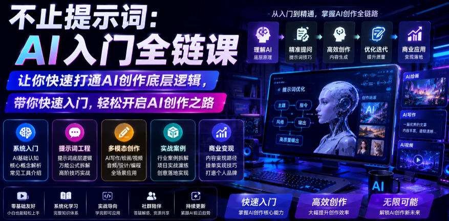 不止提示词：AI入门全链课，让你快速打通AI创作底层逻辑，带你快速入门，轻松开启AI创作之路-蜗牛学社