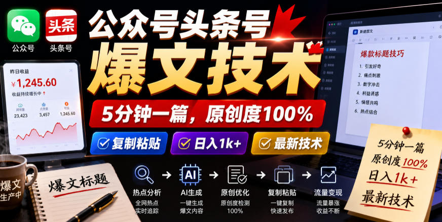 公众号头条号爆文技术，5分钟一篇，原创度100%，复制粘贴，日入1k+，最新技术【揭秘】-蜗牛学社