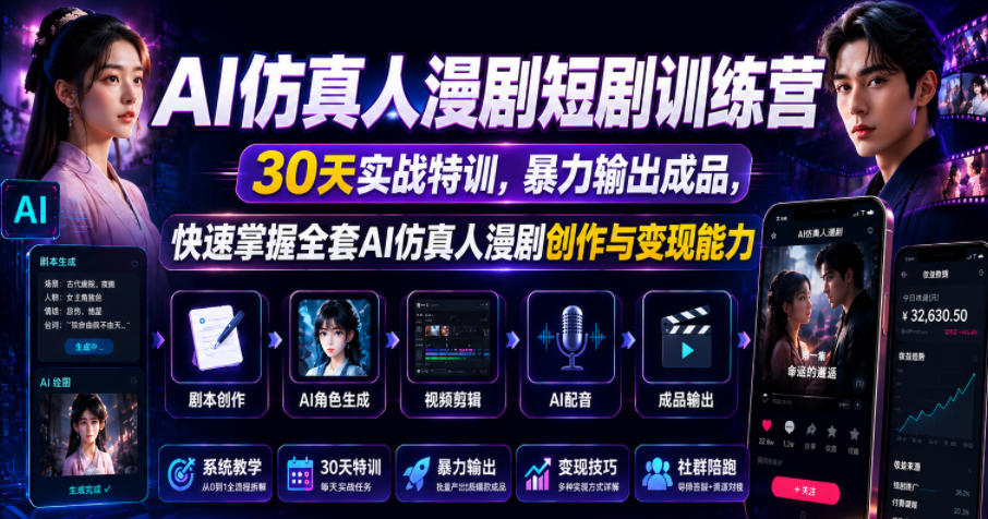 AI仿真人漫剧短剧训练营,30天实战特训,暴力输出成品,快速掌握全套AI仿真人漫剧创作与变现能力-蜗牛学社