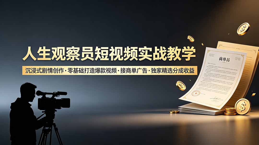 人生观察员短视频实战教学，沉浸式剧情创作，零基础打造爆款视频，接商单广告，独家精选分成收益-蜗牛学社