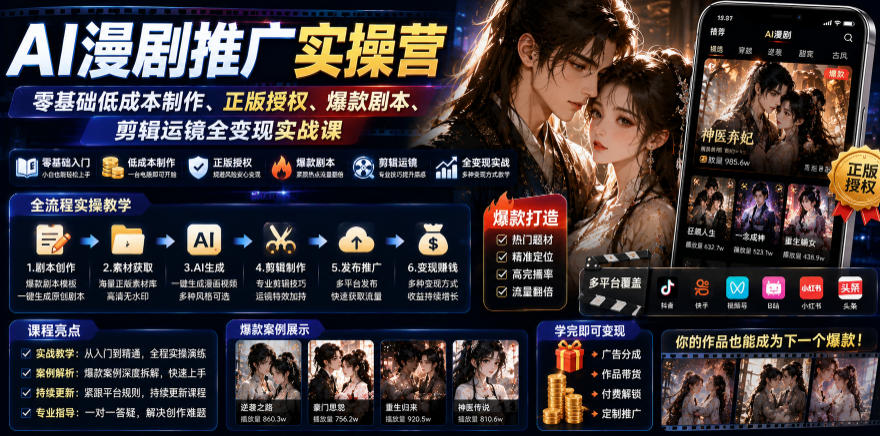AI漫剧推广实操营｜零基础低成本制作、正版授权、爆款剧本、剪辑运镜全变现实战课-蜗牛学社