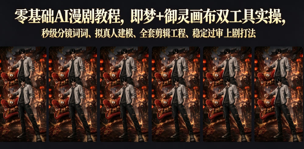 零基础AI漫剧教程,即梦+御灵画布双工具实操,秒级分镜提示词、拟真人建模、全套剪辑工程、稳定过审上剧打法-蜗牛学社