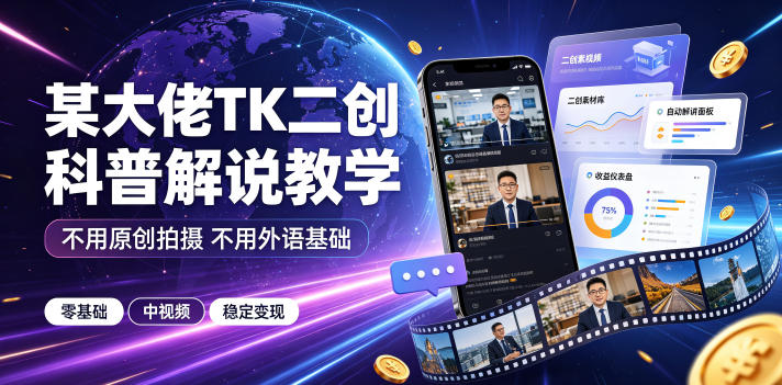 某大佬TK二创科普解说教学,不用原创拍摄不用外语基础,零基础做TikTok中视频稳定变现-蜗牛学社