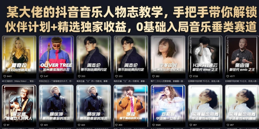 某大佬的抖音音乐人物志教学,手把手带你解锁伙伴计划+精选独家收益,0基础入局音乐垂类赛道-蜗牛学社