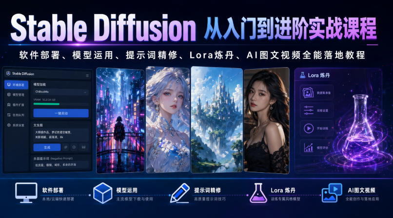 Stable Diffusion从入门到进阶实战课程｜软件部署、模型运用、提示词精修、Lora炼丹、AI图文视频全能落地教程-蜗牛学社