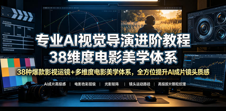 专业AI视觉导演进阶教程，38种爆款影视运镜+多维度电影美学体系，全方位提升AI成片高级感与镜头质感-蜗牛学社