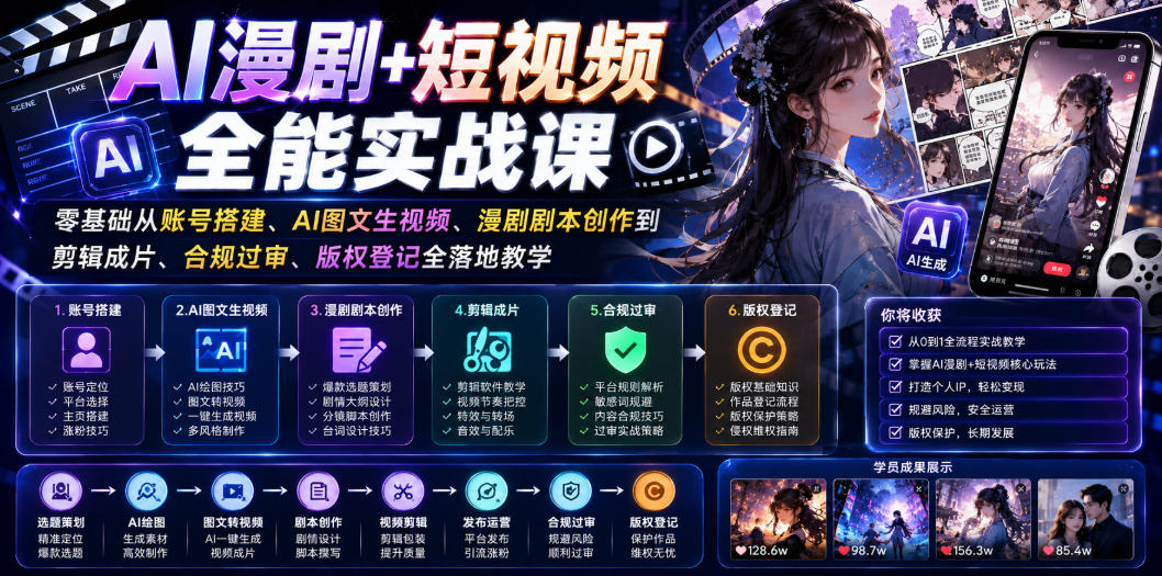 AI漫剧+短视频全能实战课|零基础从账号搭建、AI图文生视频、漫剧剧本创作到剪辑成片、合规过审、版权登记全落地教学-蜗牛学社