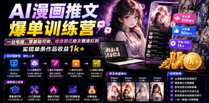 AI漫画推文爆单训练营,一台电脑,零基础可做,吃透百亿推文赛道红利,实现单条作品收益1k+-蜗牛学社