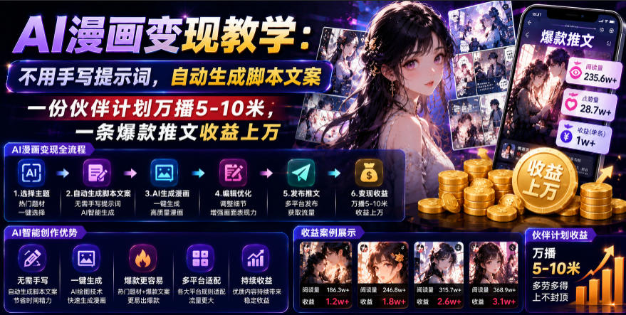 AI漫画变现教学:不用手写提示词,自动生成脚本文案,一份伙伴计划万播5-10米,一条爆款推文收益上W-蜗牛学社