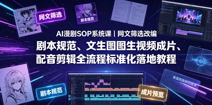 AI漫剧SOP系统课｜网文筛选改编、剧本规范、文生图图生视频成片、配音剪辑全流程标准化落地教程-蜗牛学社