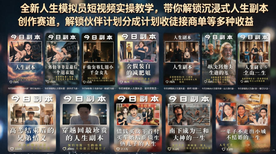 全新人生模拟员短视频实操教学，带你解锁沉浸式人生副本创作赛道，解锁伙伴计划分成计划收徒接商单等多种收益-蜗牛学社